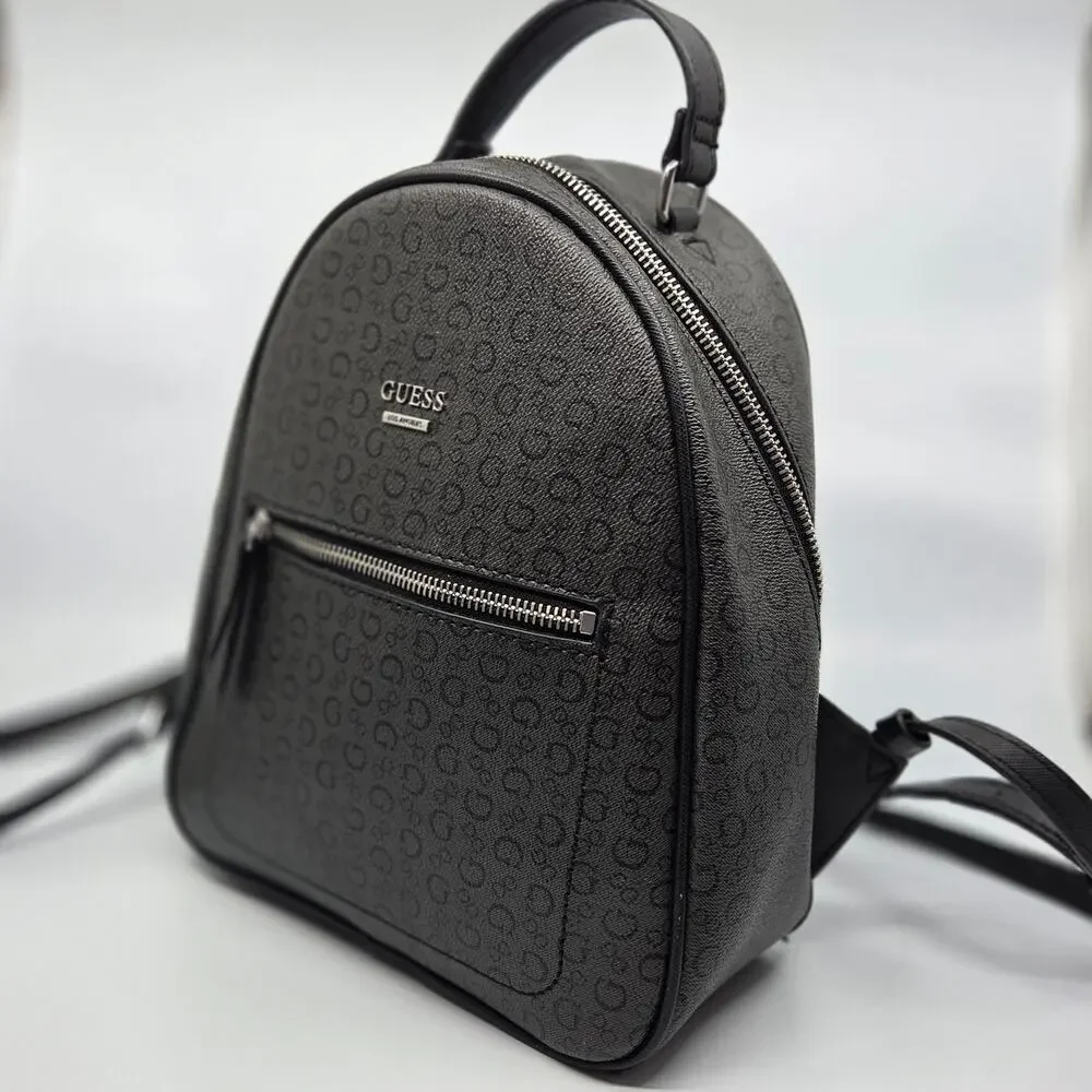 GUESS Los Angeles Mini Backpack Black Logo Print Zip Pocket Womens Bag